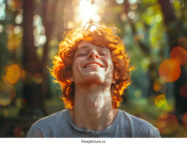 Happy young redhead man in nature