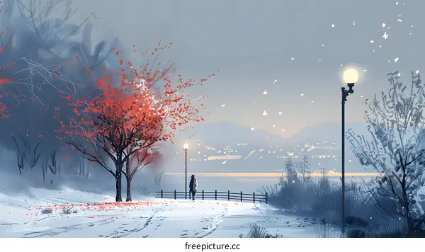 girl standing alone in the snow looking at the distant city