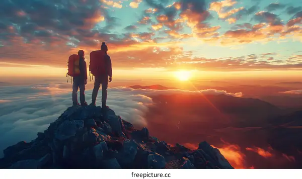 Two Hikers Reach the Summit at Sunrise