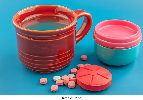 Red Mug With Water And Pills On Blue Background
