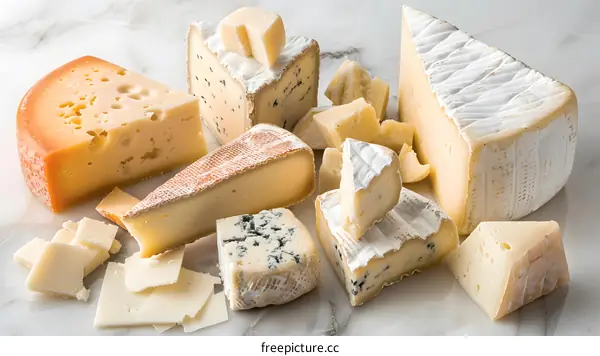 Assortment of Cheese Varieties on White Marble Background