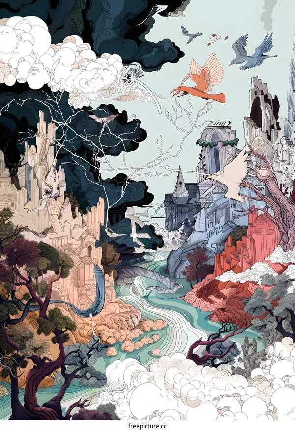 Fantasy Landscape with River and Birds