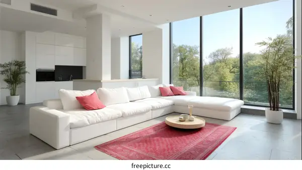 Modern White Living Room with Pink Rug