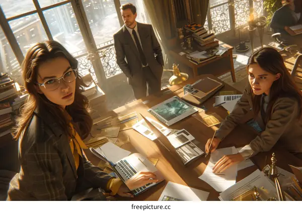 Three people in a room discussing business