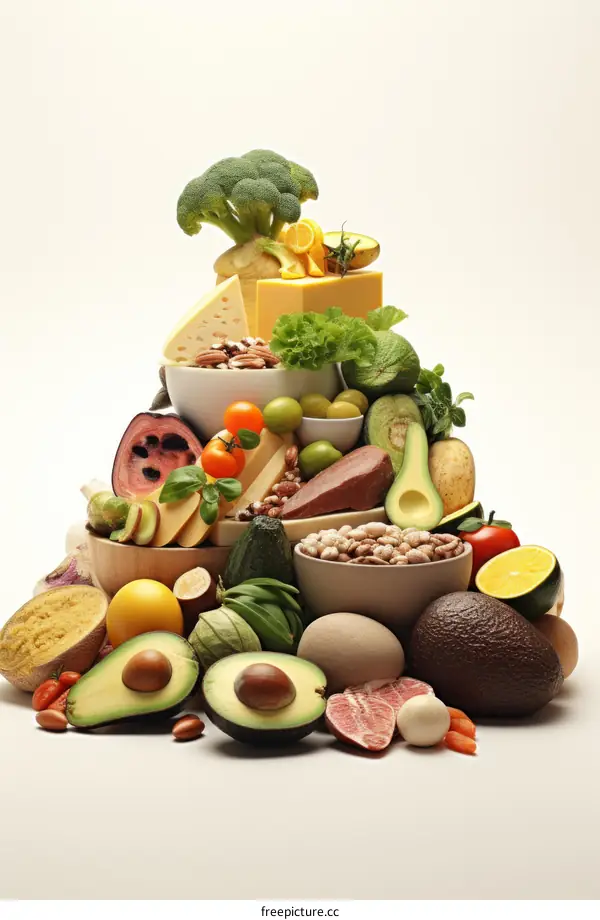 Healthy Food Pyramid with Fruits, Vegetables, Grains, and Proteins