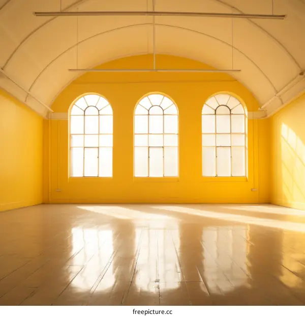 large empty room with yellow walls and arched windows