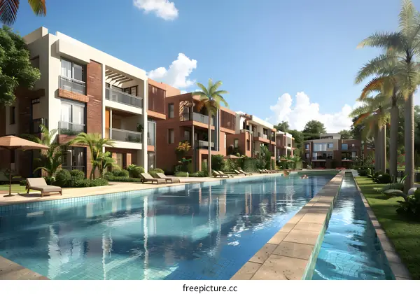 Luxury Resort Swimming Pool with Palm Trees and Modern Buildings