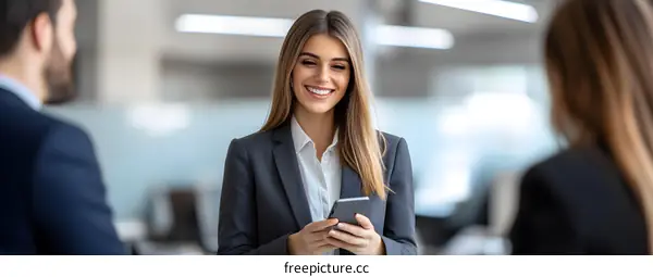 Smiling Businesswoman Using Smartphone In Office