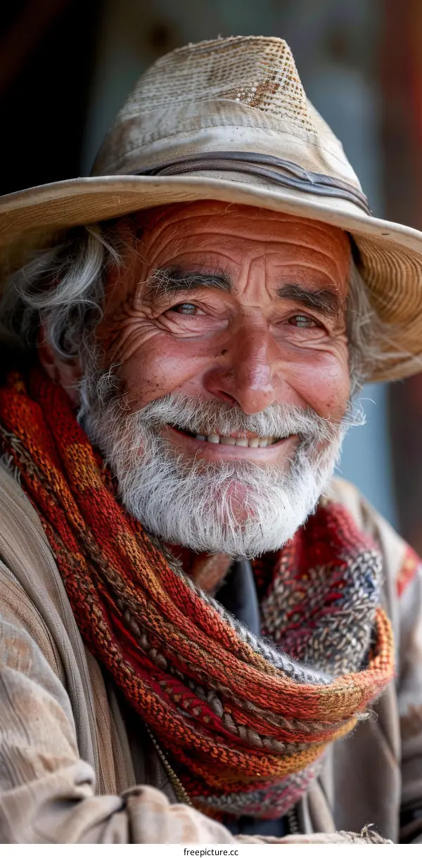 Smiling Elderly Man Wearing a Colorful Scarf and Hat