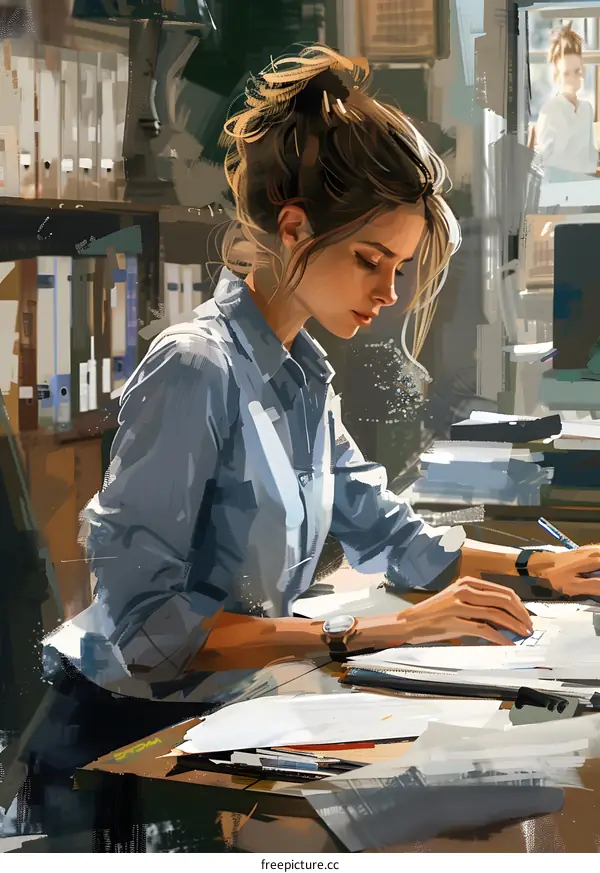 A beautiful woman is working at her desk.