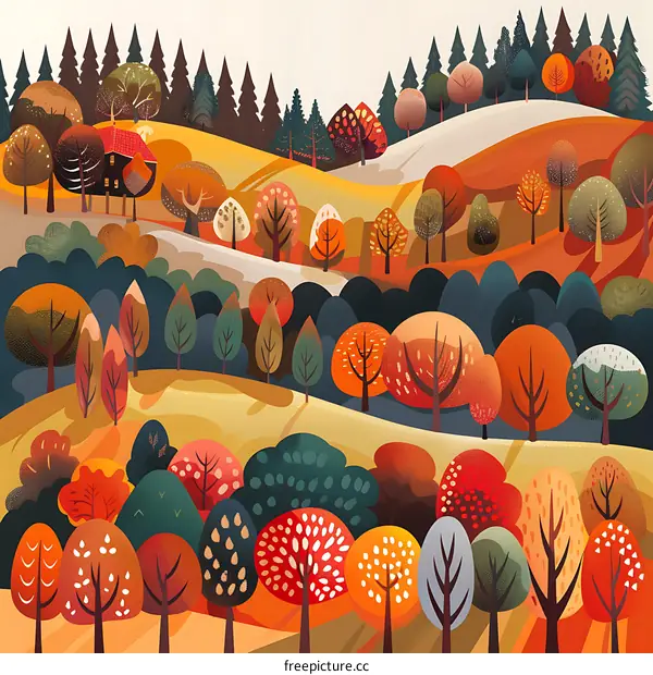 Colorful Autumn Forest Illustration with Rolling Hills