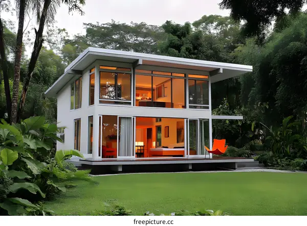 Modern Glass House with Tropical Garden