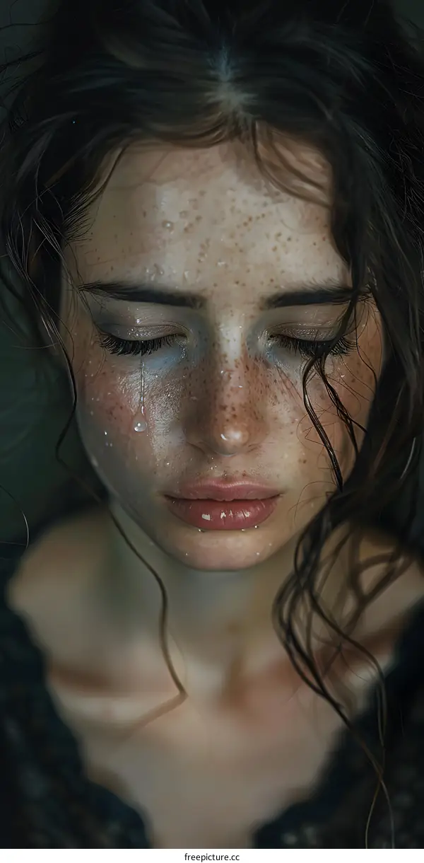 A close-up portrait of a young woman with wet hair and freckles on her face