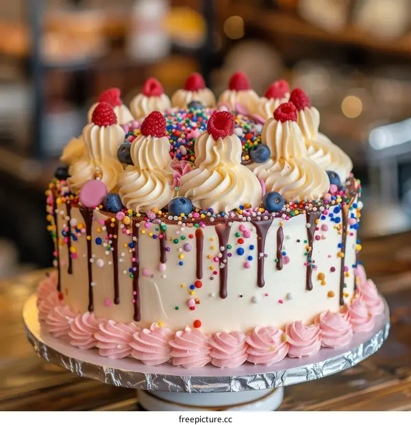 Birthday Cake with Colorful Sprinkles and Fresh Berries