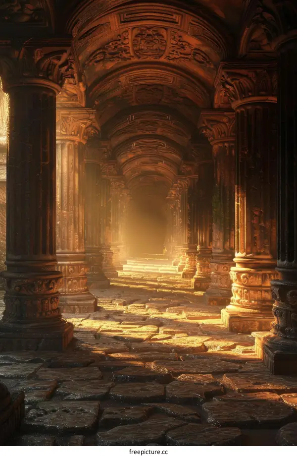 Mystical Ancient Temple with Intricate Columns and Stone Floor