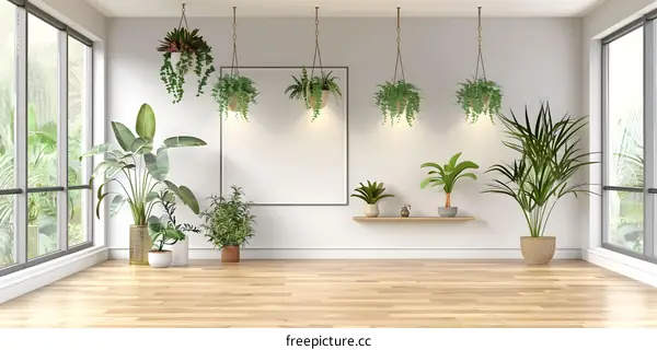 Empty Room With Hanging Plants and Minimalist Design