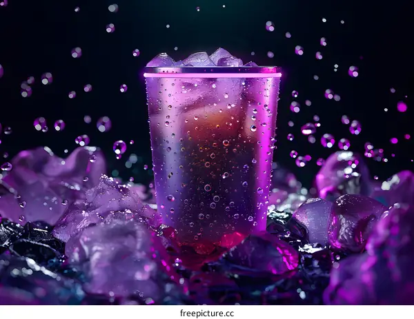 Purple Neon Ice Drink  Glowing Glass of Cold Beverage With Ice Cubes and Water Droplets