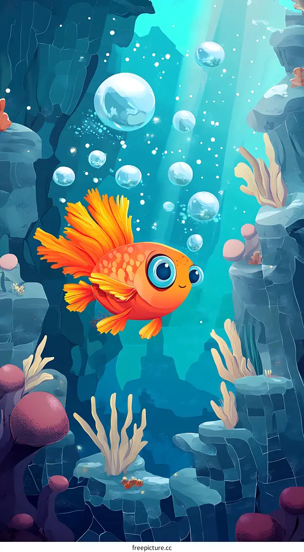 Cute Orange Fish Cartoon Illustration Underwater