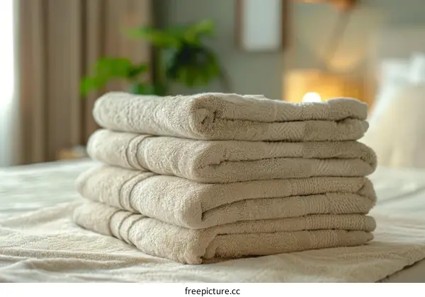 A stack of four beige towels on a bed