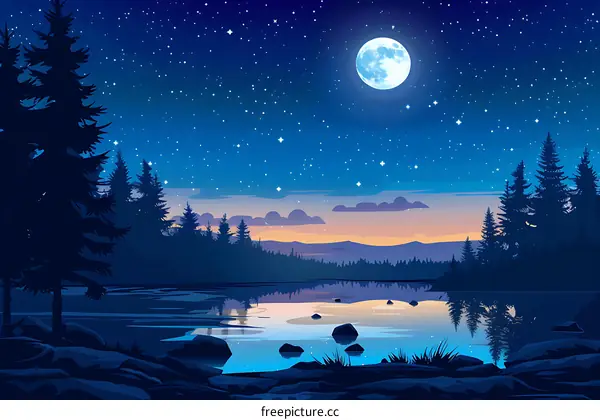 Night Sky with Moon and Stars Above Forest and Lake