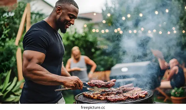 Man Grilling Steak For Backyard BBQ
