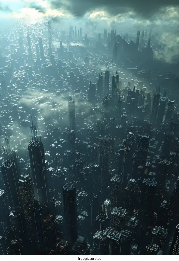 Futuristic Cityscape with Dark Clouds and Water Reflections
