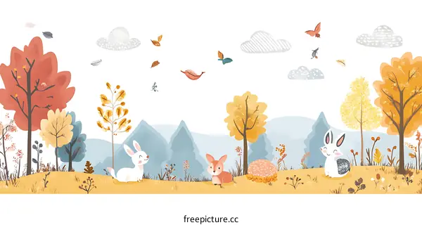 Cute Cartoon Animals in an Autumn Forest Illustration