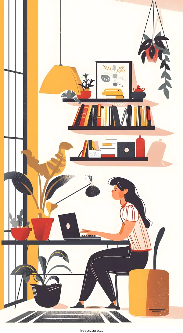 Woman Working at Home Desk with Plants and Books
