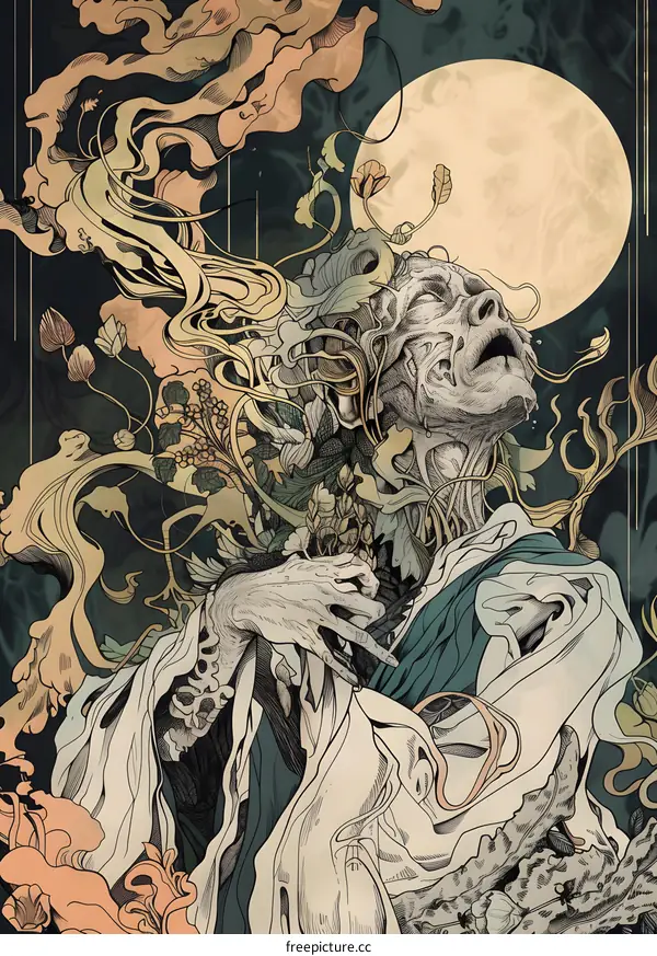 Woman Turning Into Flowers Illustration With Moon