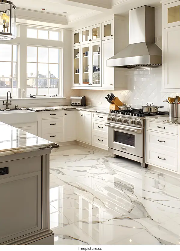 Elegant White Kitchen with Marble Floor