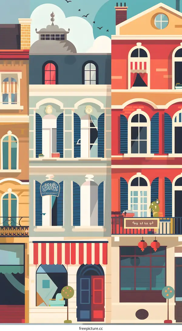 Colorful Illustration of City Street with Buildings and Shops