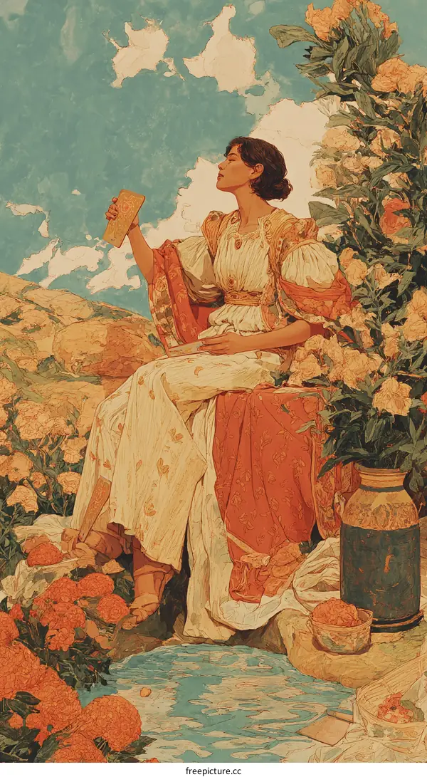 A Woman Contemplating a Letter in a Garden Setting