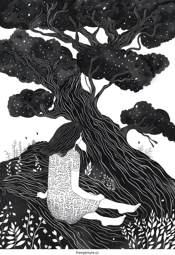 Girl Sitting Under A Large Tree With A Starry Sky Illustration