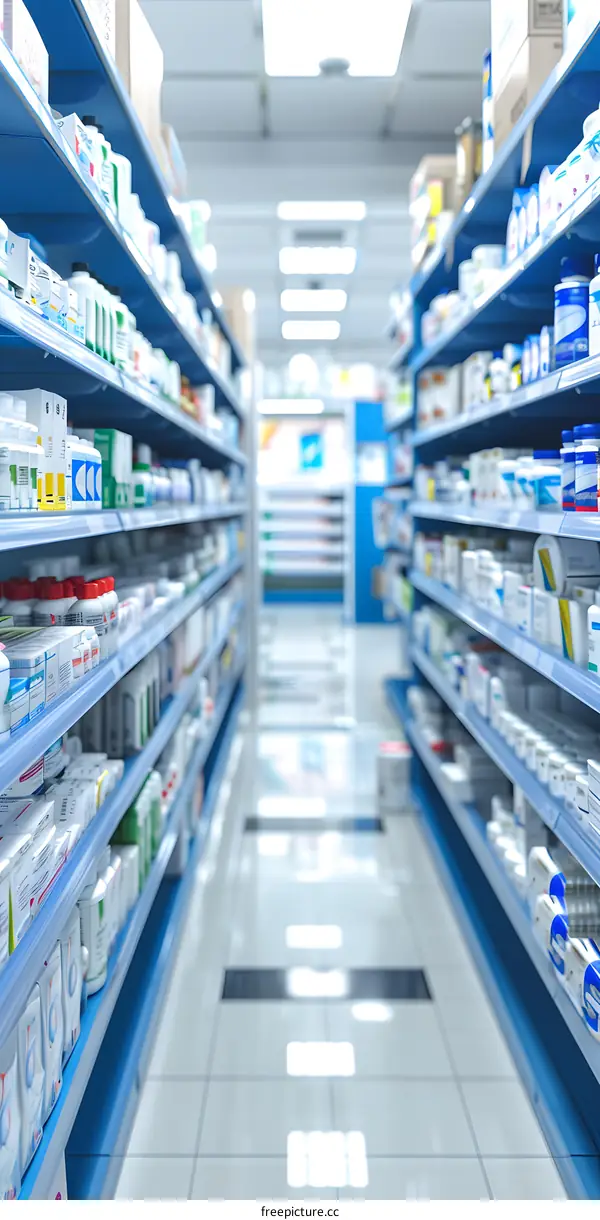 Pharmacy Store Aisle with Shelves Full of Products