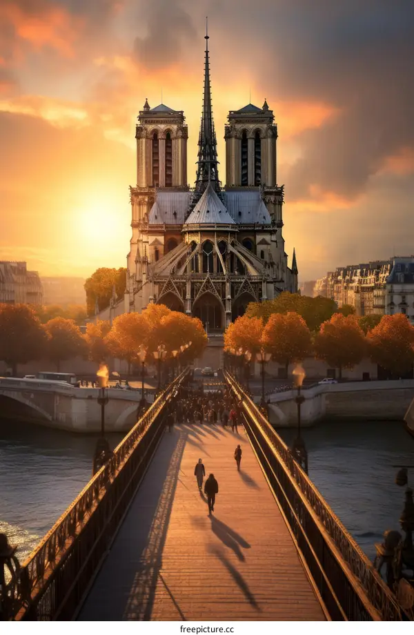 Tourists walking on a bridge in Paris, France with the Notre Dame Cathedral in the background