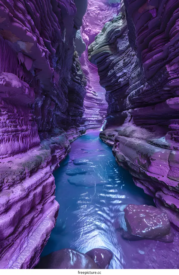 Purple canyon with river flowing through it