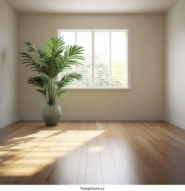 Bright empty room with a potted palm tree