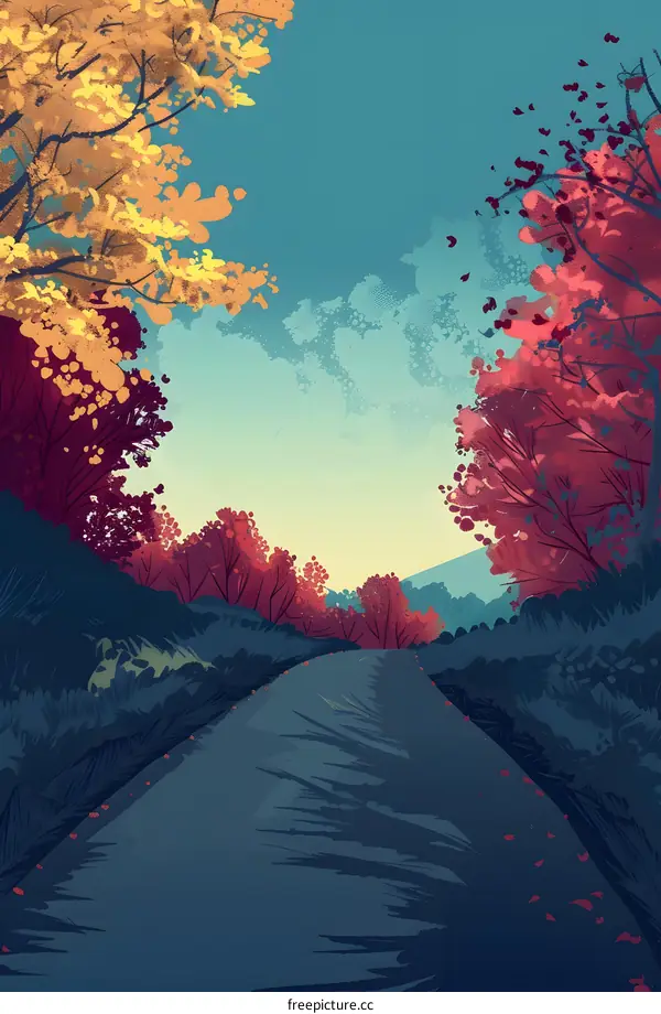 Autumn Road With Red And Yellow Trees