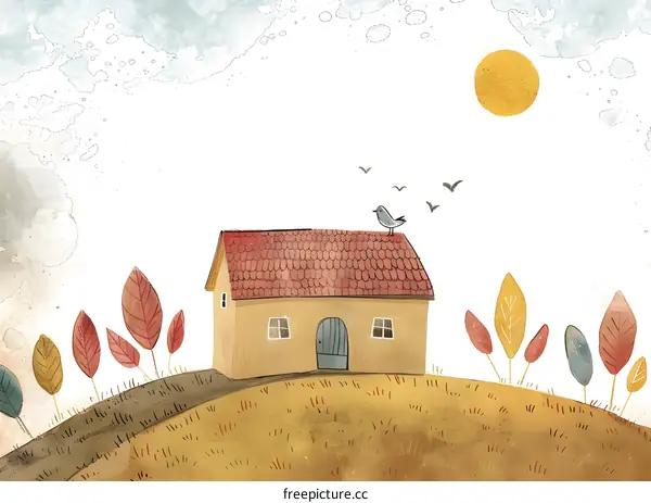 Watercolor Illustration of a Small House on a Hill With Trees and a Bird