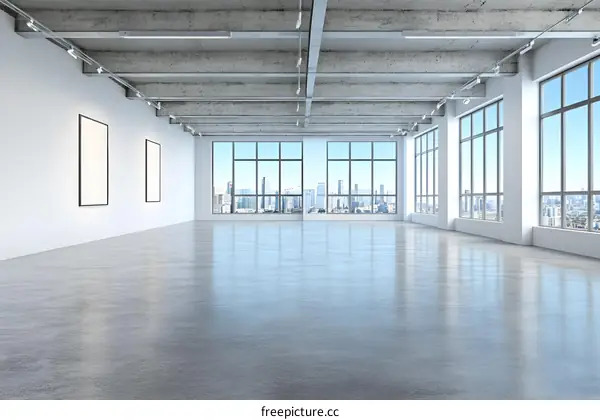 Modern Empty Room With Big Windows And City View