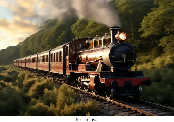 A steam locomotive train travels through a lush green forest