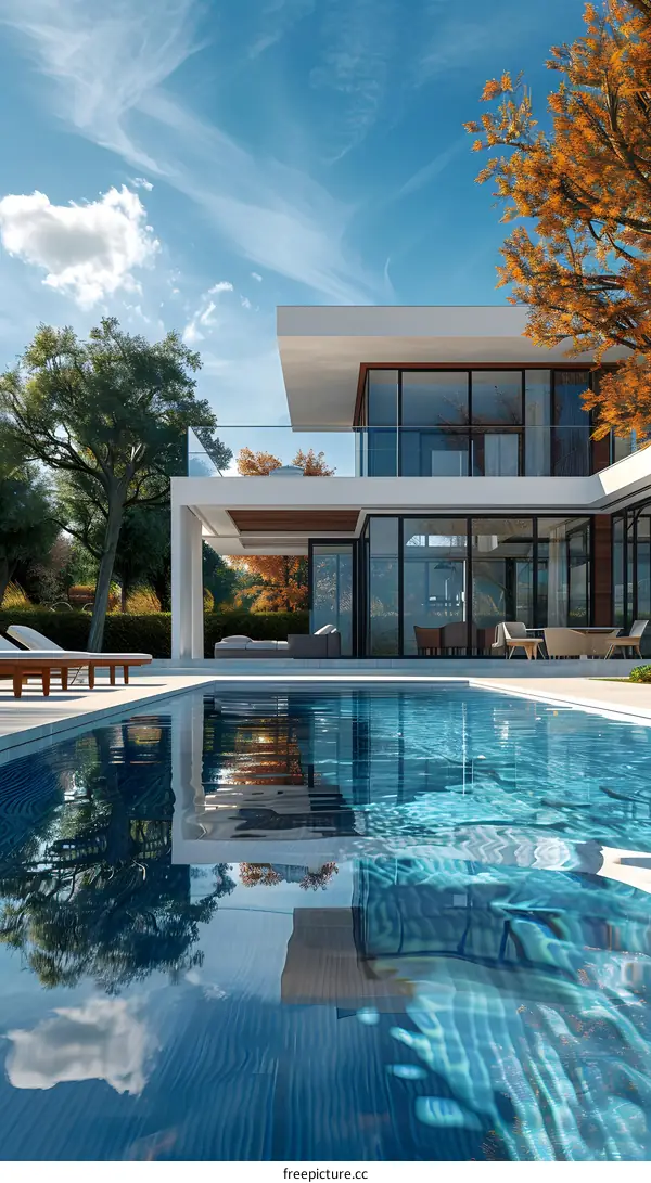 Modern house with swimming pool and autumn trees