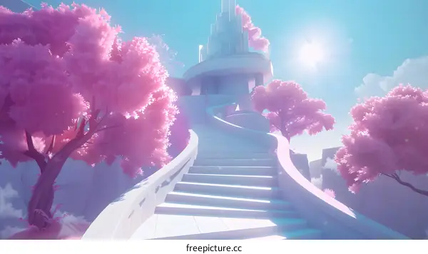Pink Trees and White Stairway Leading to a Building in the Sky