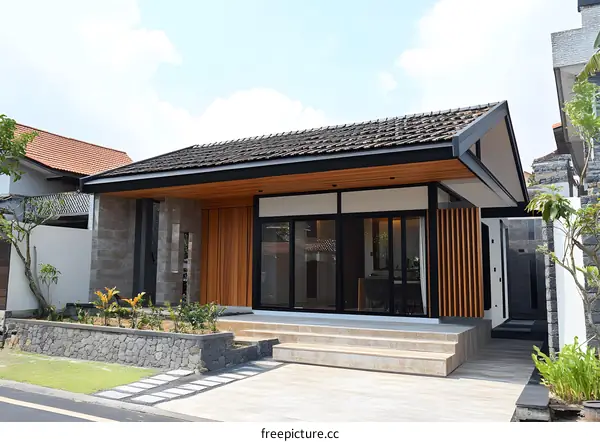 Modern Minimalist House Design with Wooden Facade and Stone Walls