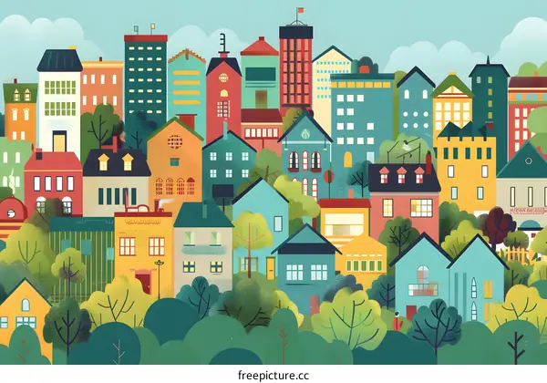 Colorful Houses and Buildings in a City Illustration