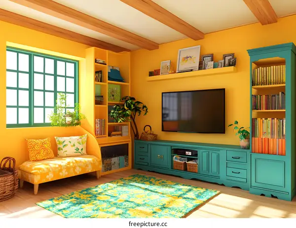 Modern Living Room Interior Design with Yellow Walls and Green Furniture