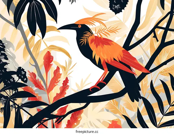 Abstract Tropical Bird Illustration with Black Branches and Gold Leaves
