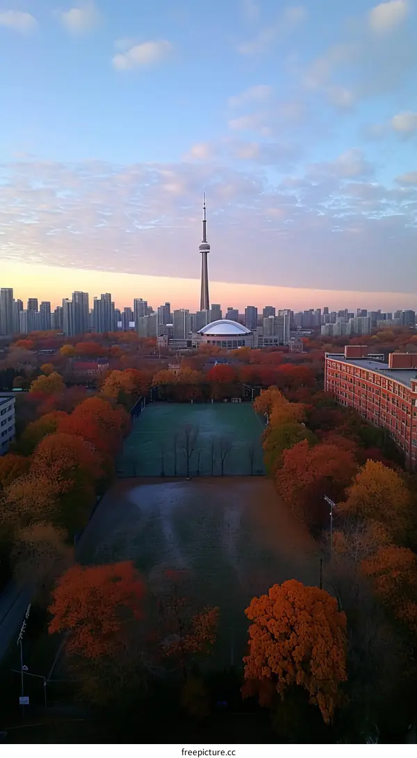 Toronto skyline with autumn leaves