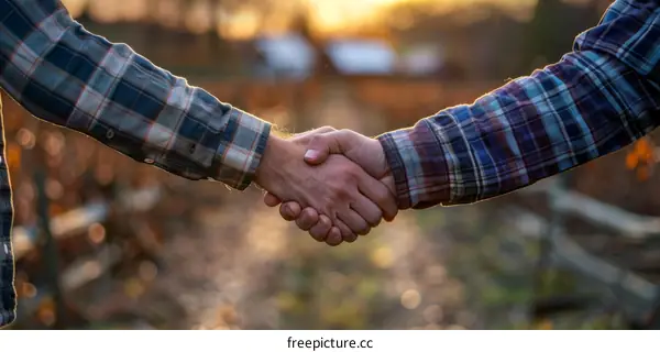 Two farmers shaking hands in a field
