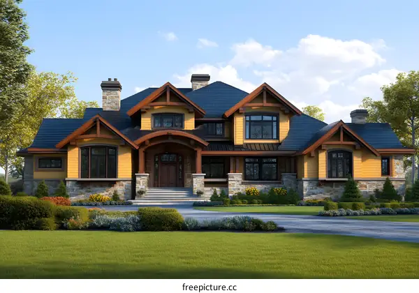 Modern Home with Stone Accents and Large Windows